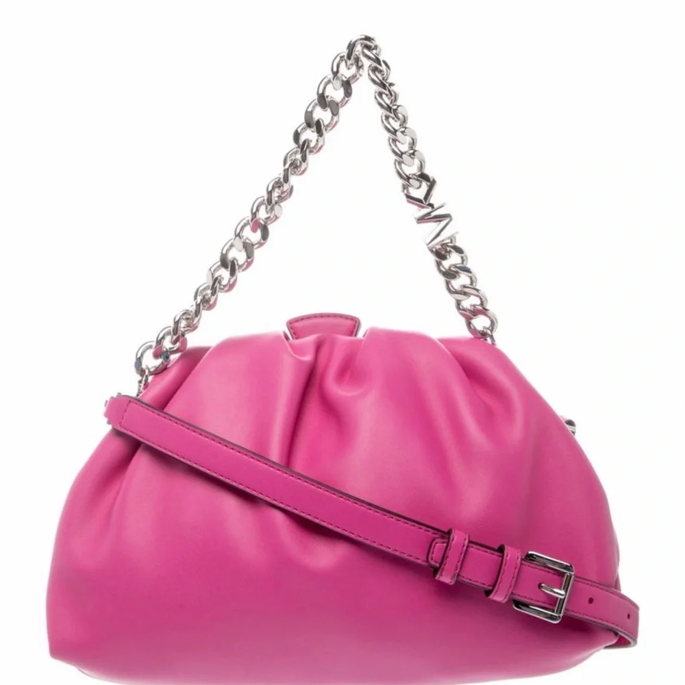 Michael Kors-Nola Small Faux Leather Crossbody Bag In Hot Pink w/Silver Chain